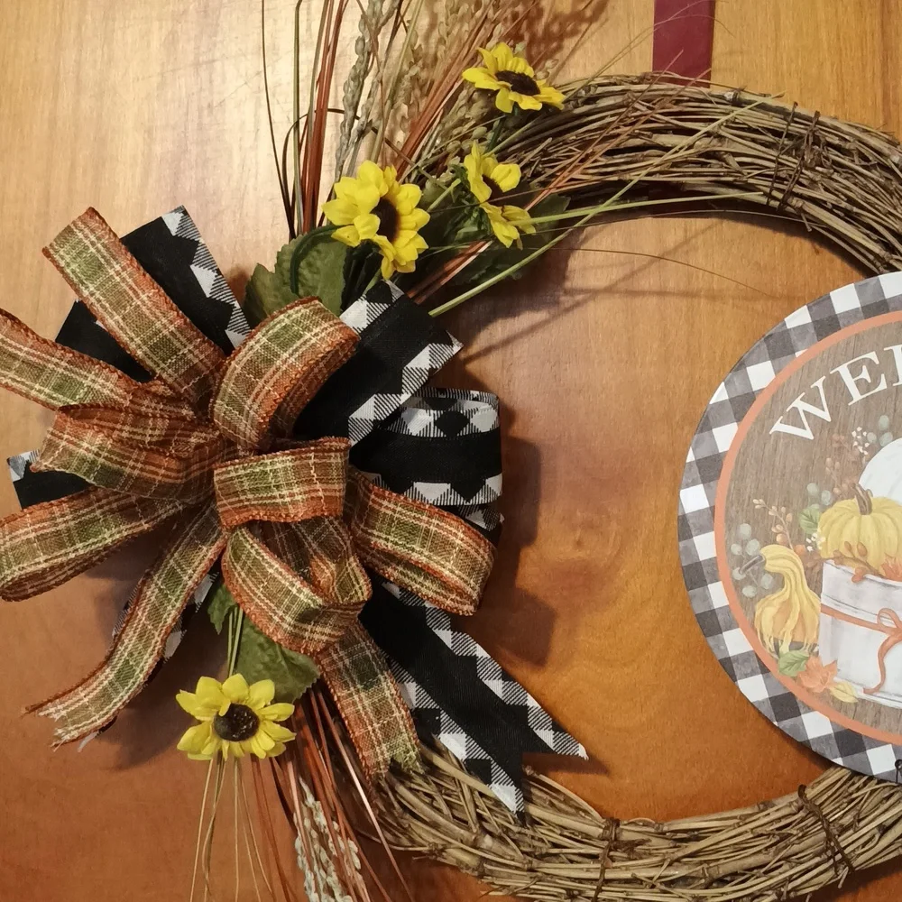 Rustic Welcome Wreath with Plaid Bow and Sunflowers